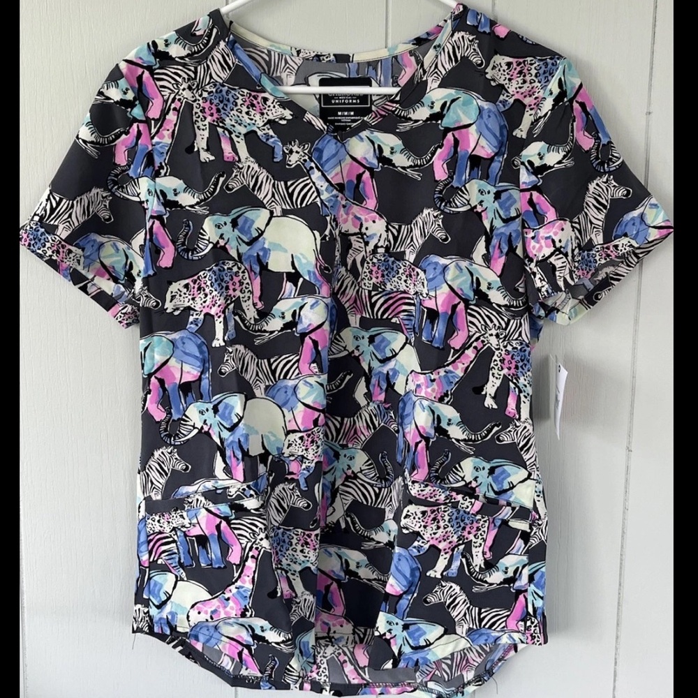 NWT Women’s Medium Cherokee Zebra Elephant Print Scrub Top